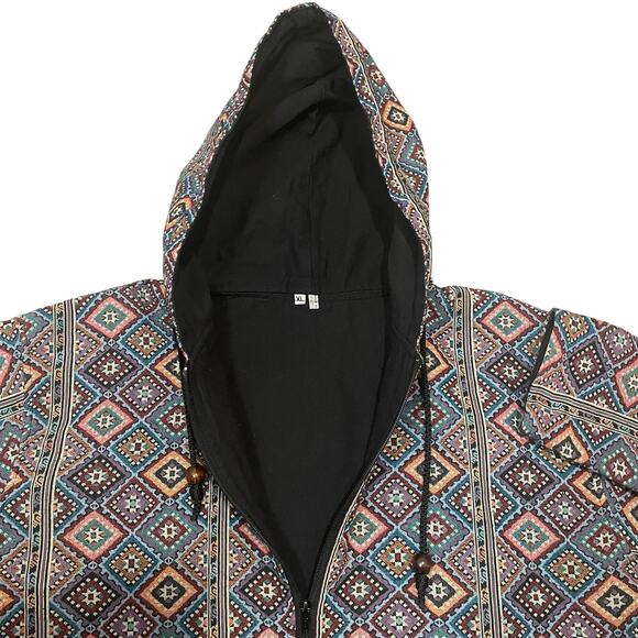 Womens Jacket XL Hooded Tapestry Boho Fall Indie Artsy Hippie Geometric Print - Picture 1 of 8